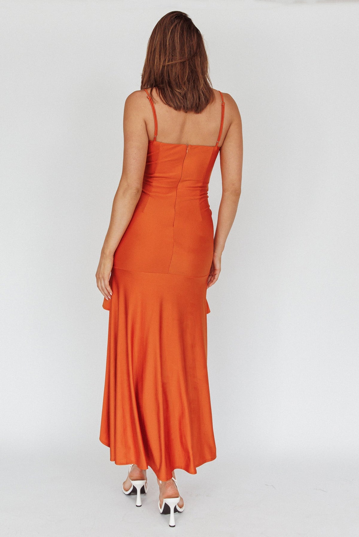 Rosalia Ruched Ruffle Maxi Dress Chocolate