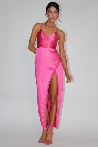 Winter Moon Lace Trim Midi Dress Hot Pink