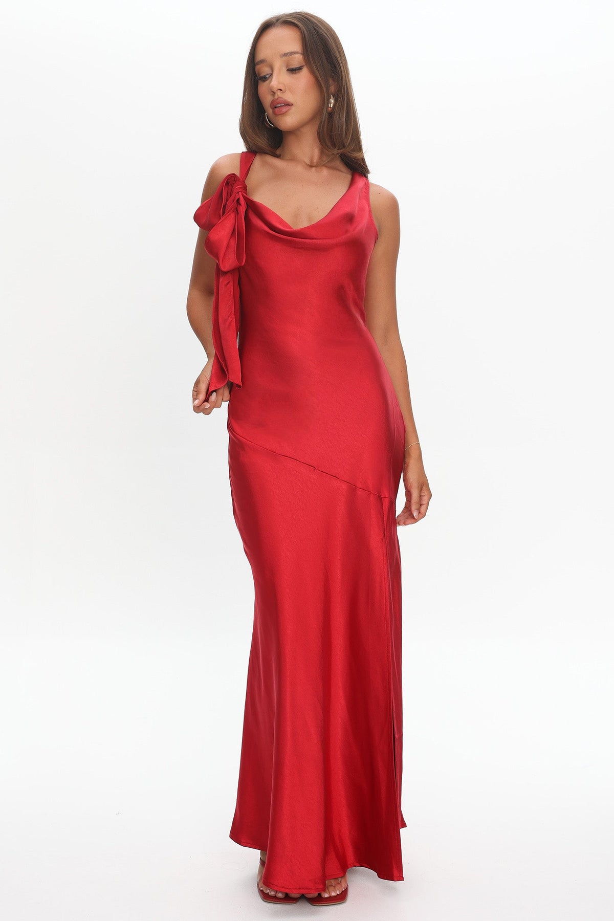 Averie Bow Shoulder Split Midi Dress Red