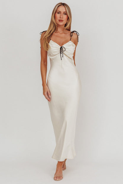 Slow Burn Tied Shoulders Satin Maxi Dress Oyster