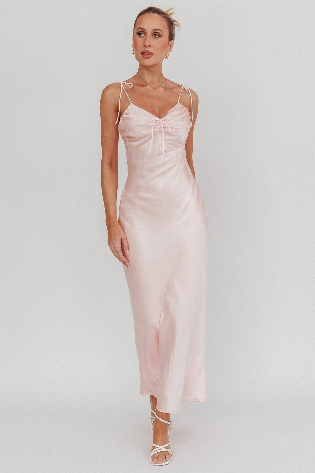 Slow Burn Tied Shoulders Satin Maxi Dress Pink
