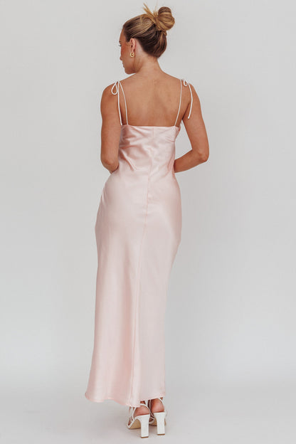 Slow Burn Tied Shoulders Satin Maxi Dress Pink
