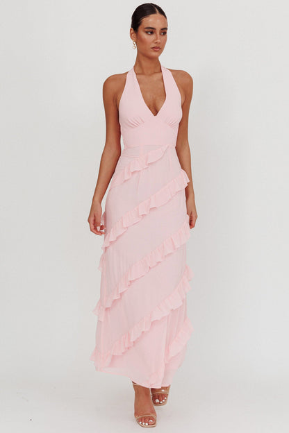 Flirt Frill Trim Halter Maxi Dress Blush