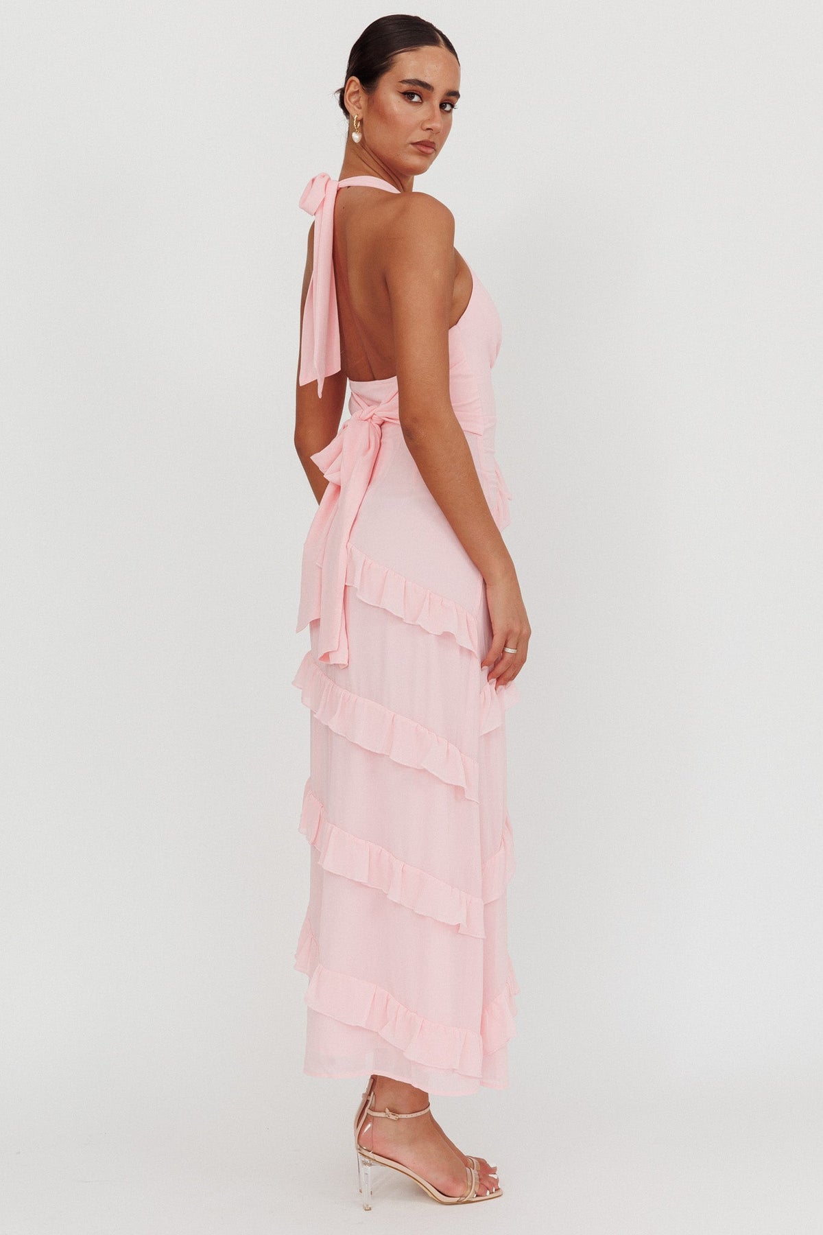 Flirt Frill Trim Halter Maxi Dress Blush