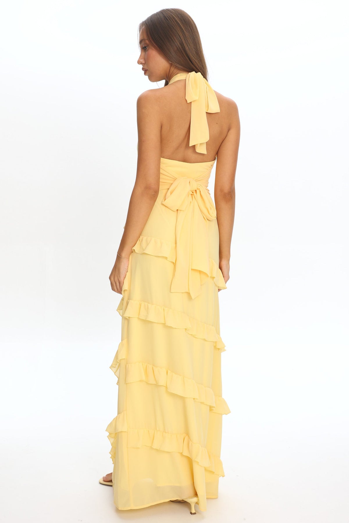 Flirt Frill Trim Halter Maxi Dress Lemon