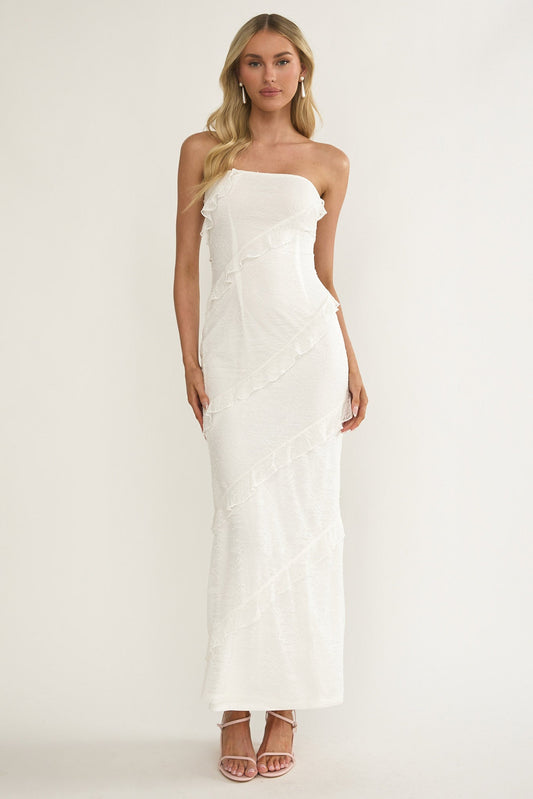 Metrics Strapless Frill Maxi Dress White