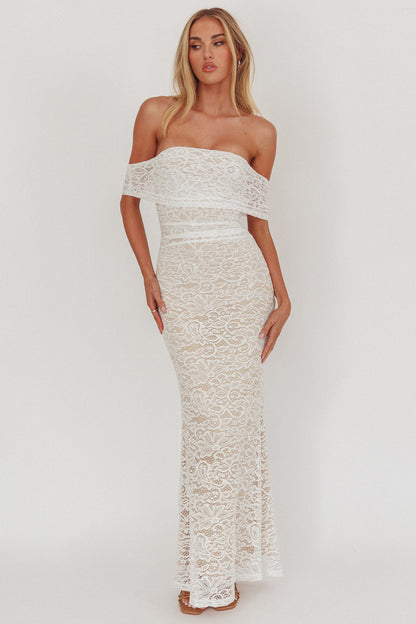 Flutters Off-Shoulder Lace Maxi Dress White