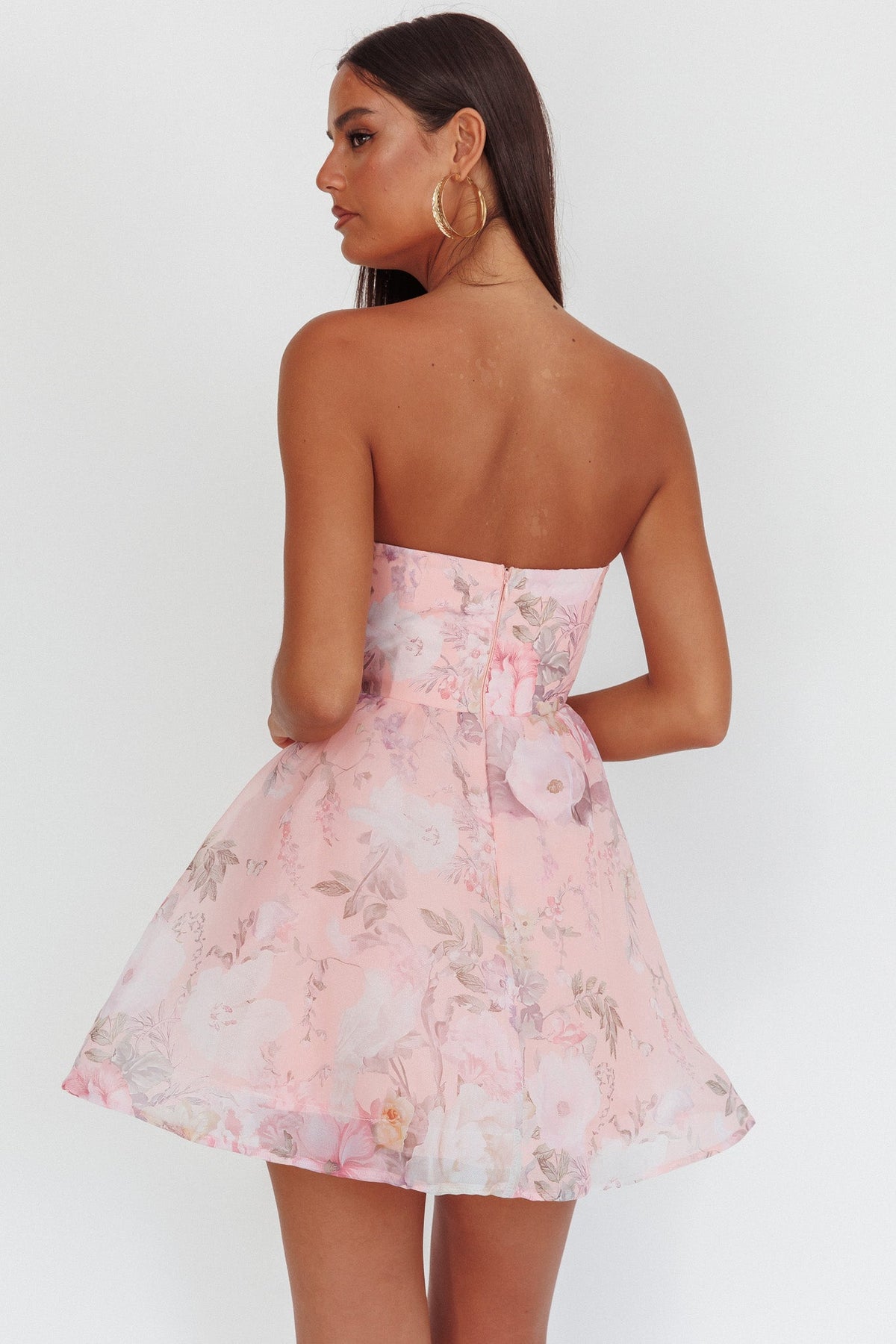 Gem Deep Sweetheart Neckline Mini Dress Floral Pink