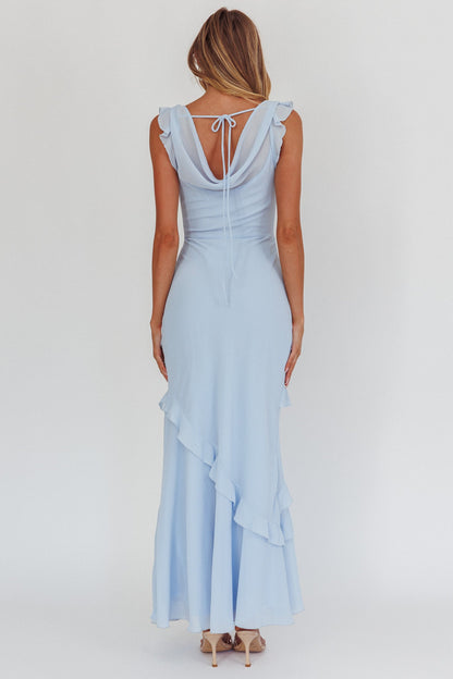 Sangria Cowl Neck Frill Maxi Dress Blue