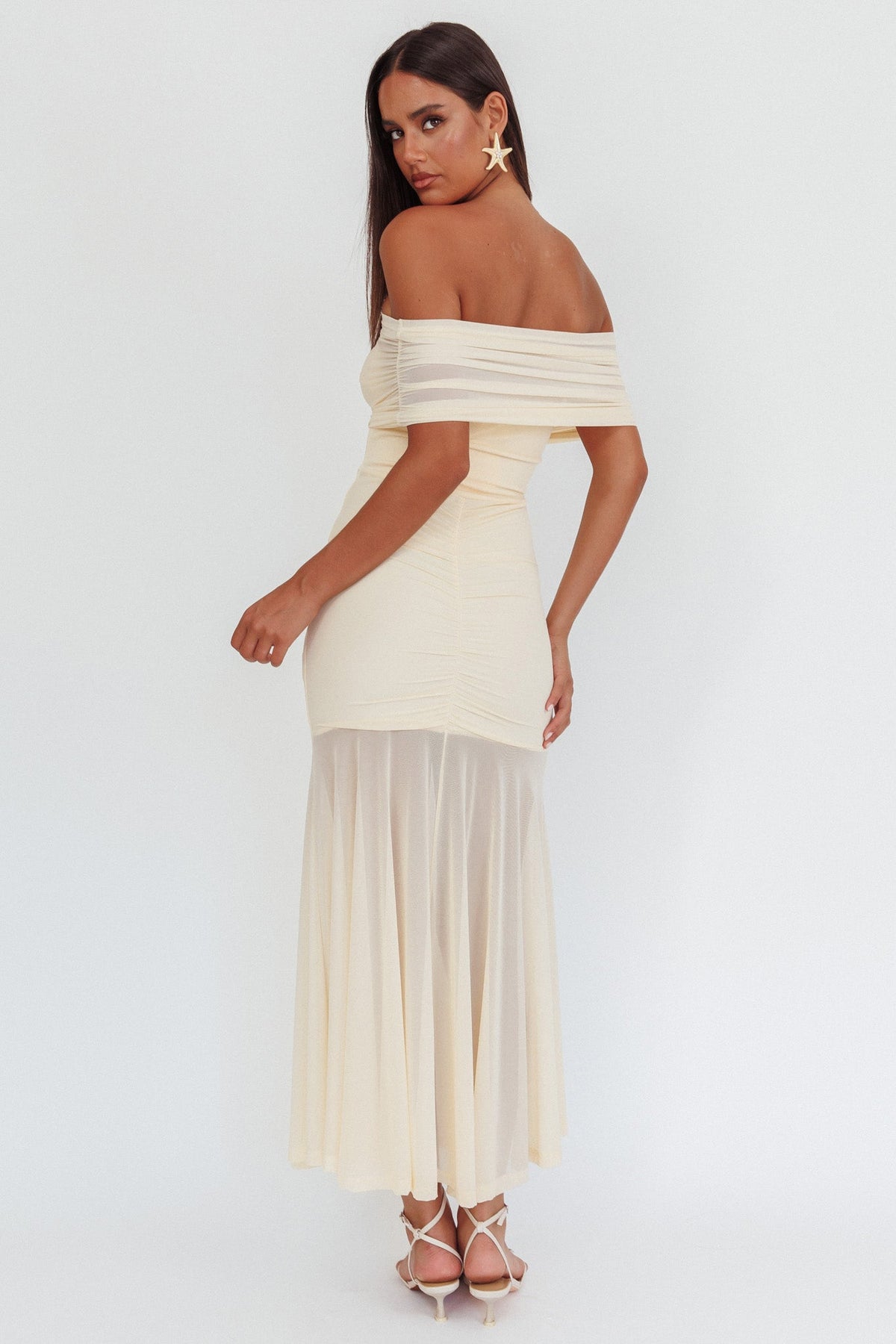 Clarita Sheer Ruched Maxi Dress Cream