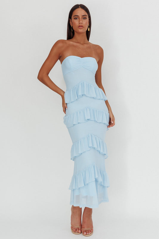 Dulce Dreams Sweetheart Neckline Frill Maxi Dress Blue