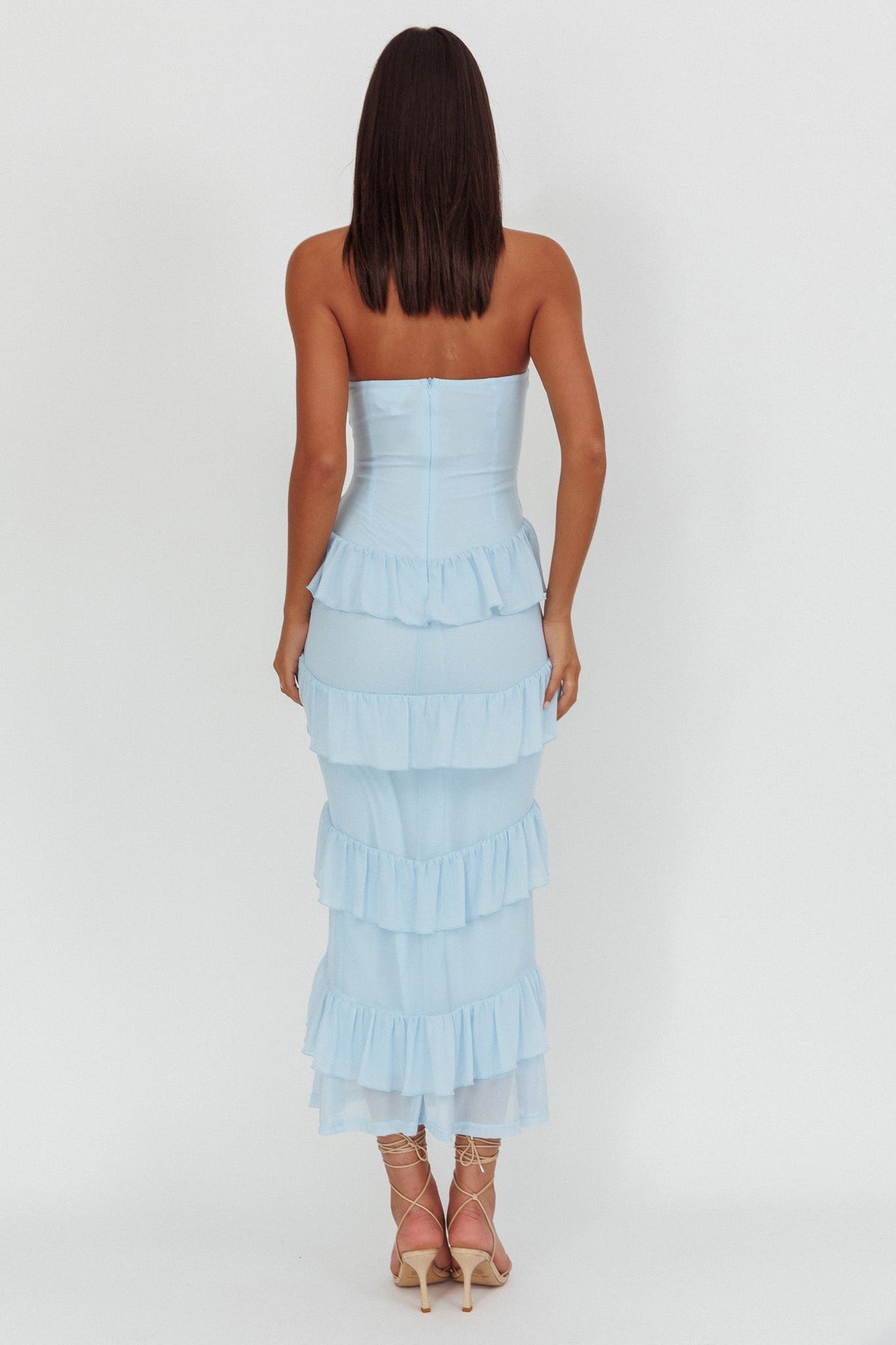 Dulce Dreams Sweetheart Neckline Frill Maxi Dress Blue