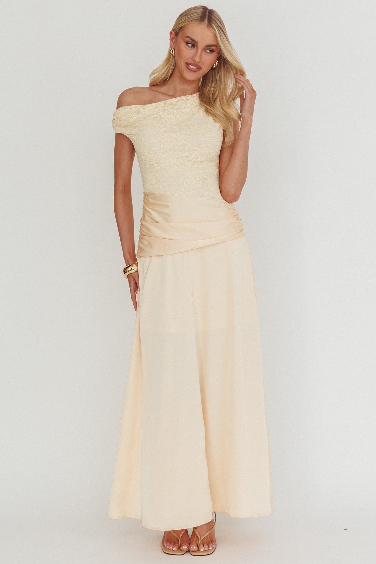 Diana Asymmetric Shoulder Pleat Waist Maxi Dress Butter