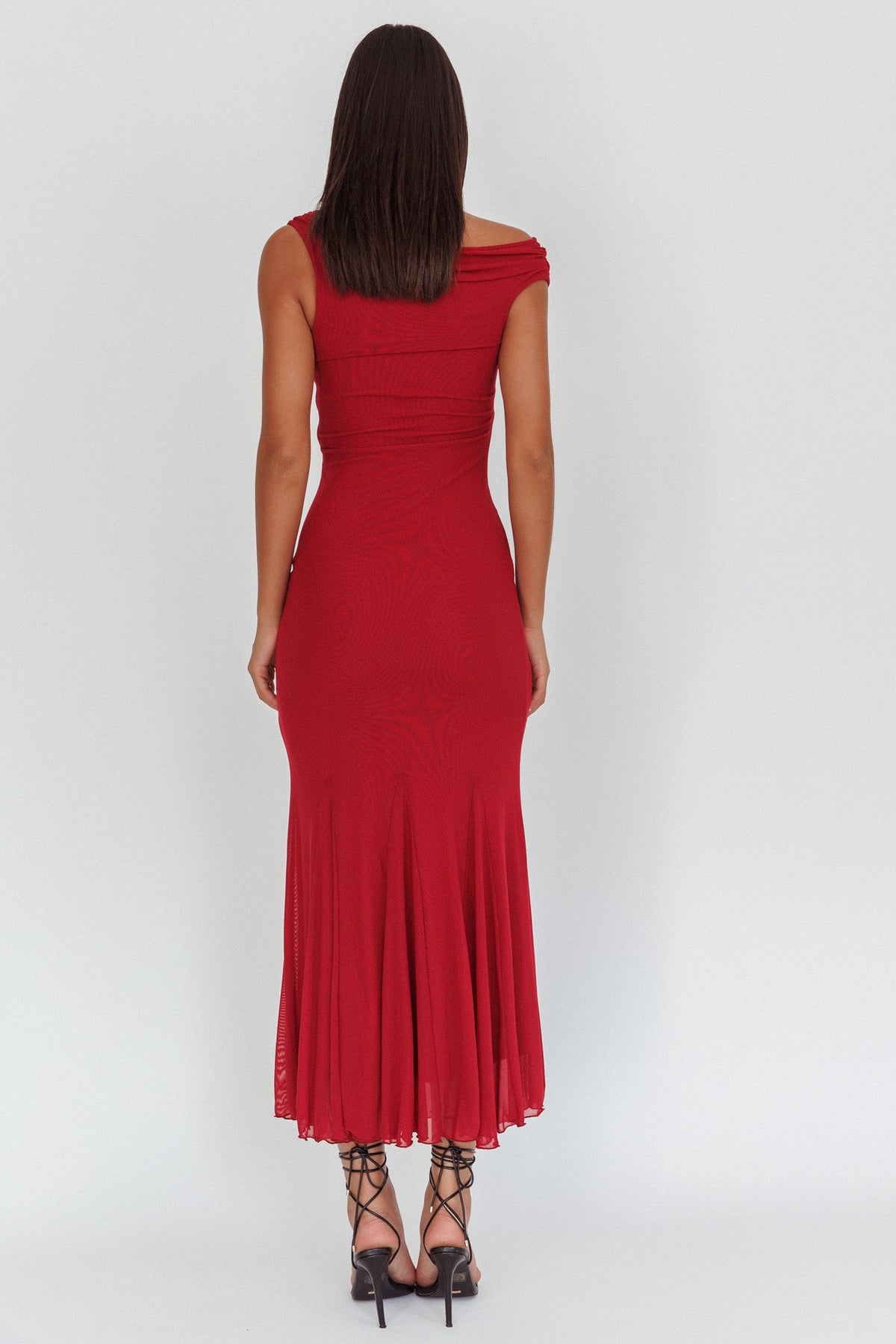 Diana Asymmetric Shoulder Godet Maxi Dress Wine