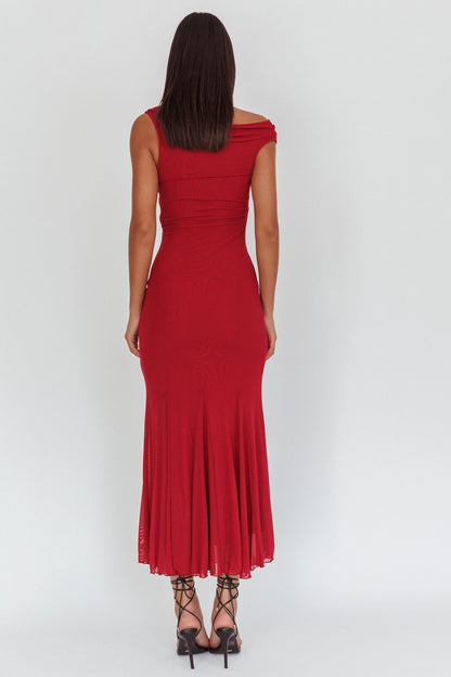 Diana Asymmetric Shoulder Godet Maxi Dress Wine