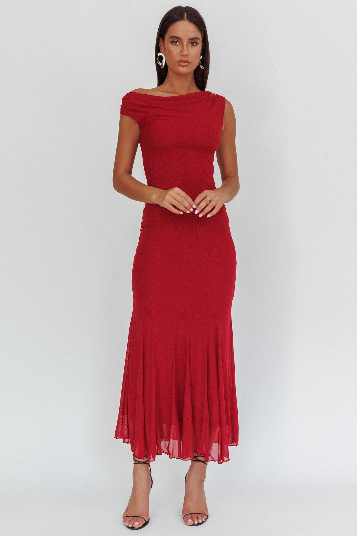 Diana Asymmetric Shoulder Godet Maxi Dress Wine