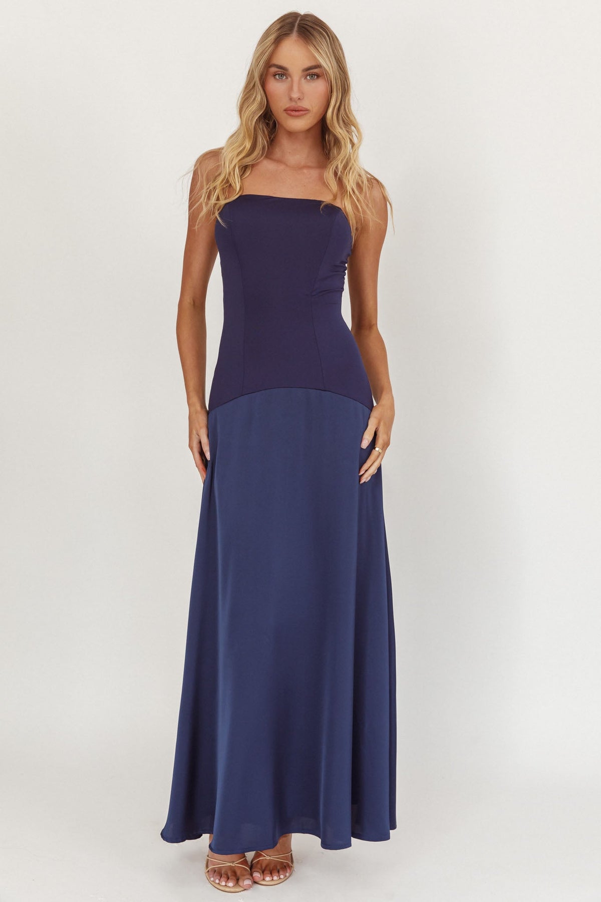 Star Avenue Strapless Drop Waist Maxi Dress Navy