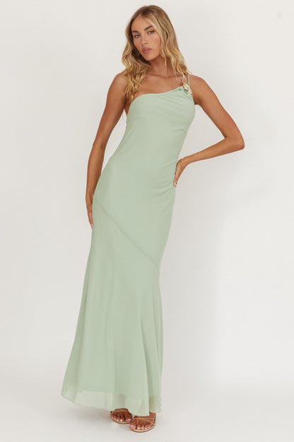 We Belong Together One-Shoulder Buckle Maxi Dress Mint