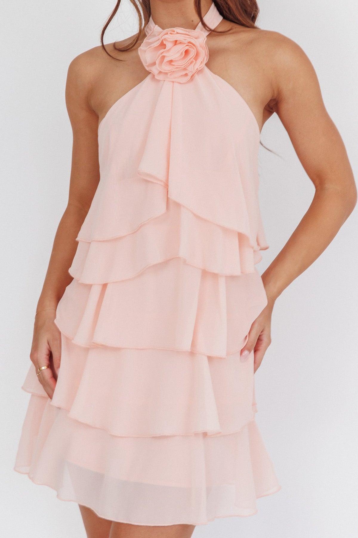 Southern Belles Halterneck Ruffle Mini Dress Pink
