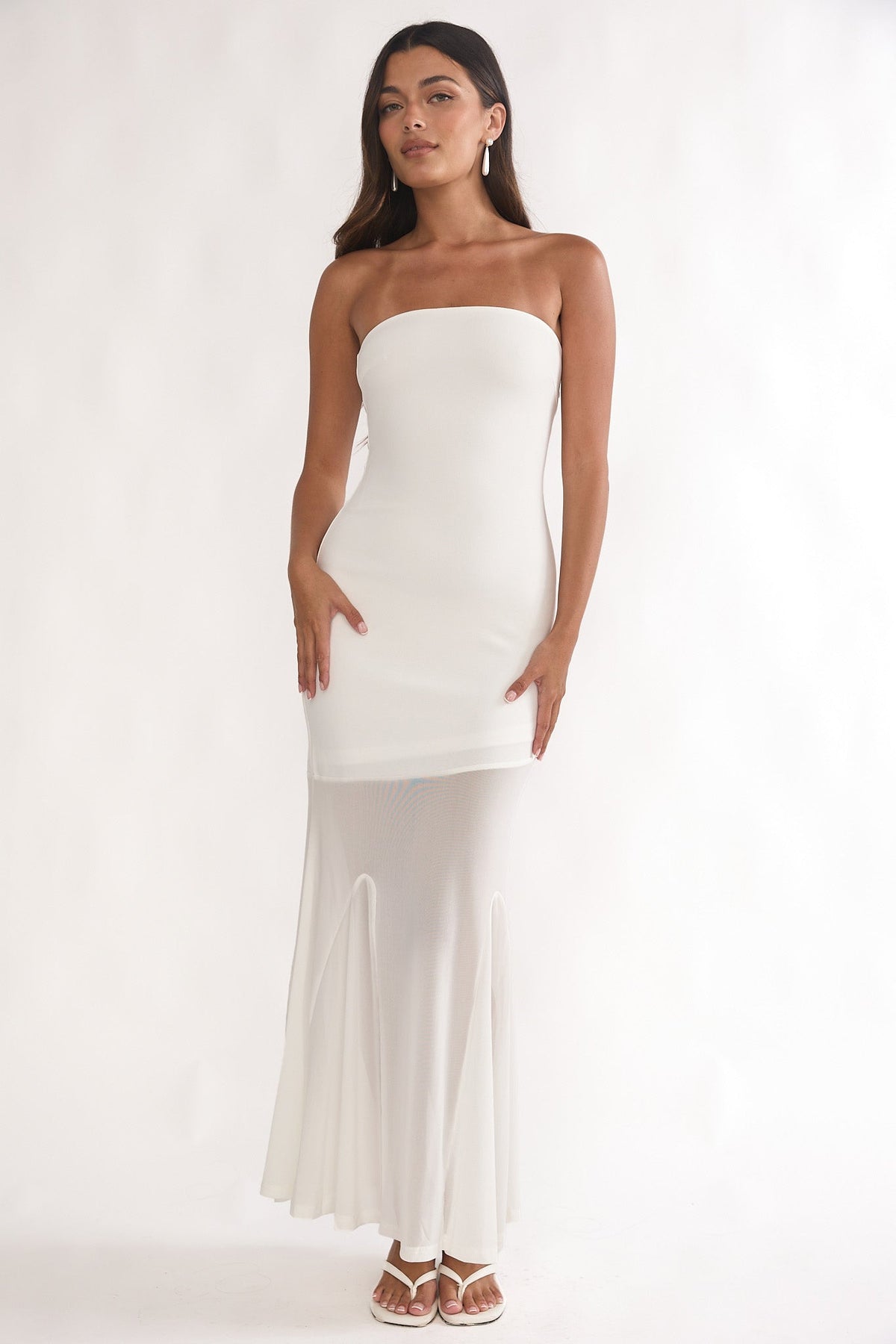 Calluna Strapless Sheer Godet Hem Maxi Dress White