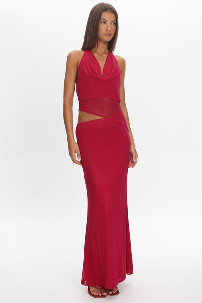 Playing Games Cut-Out Cowl Halter Dress Berry
