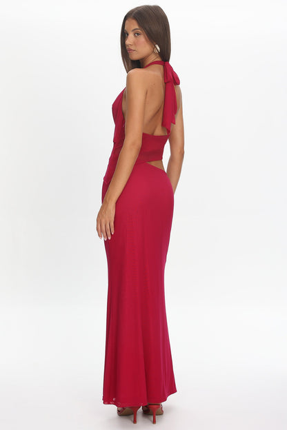 Playing Games Cut-Out Cowl Halter Dress Berry