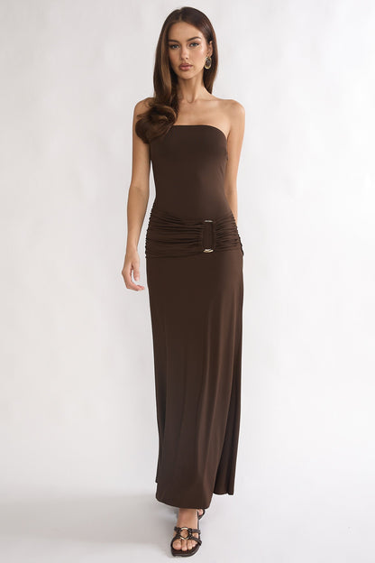 Klaudia Strapless Ruched Waist Maxi Dress Chocolate