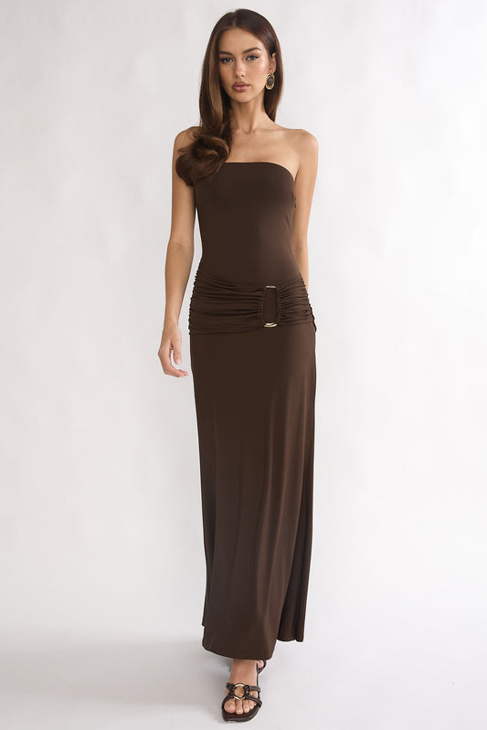 Klaudia Strapless Ruched Waist Maxi Dress Chocolate