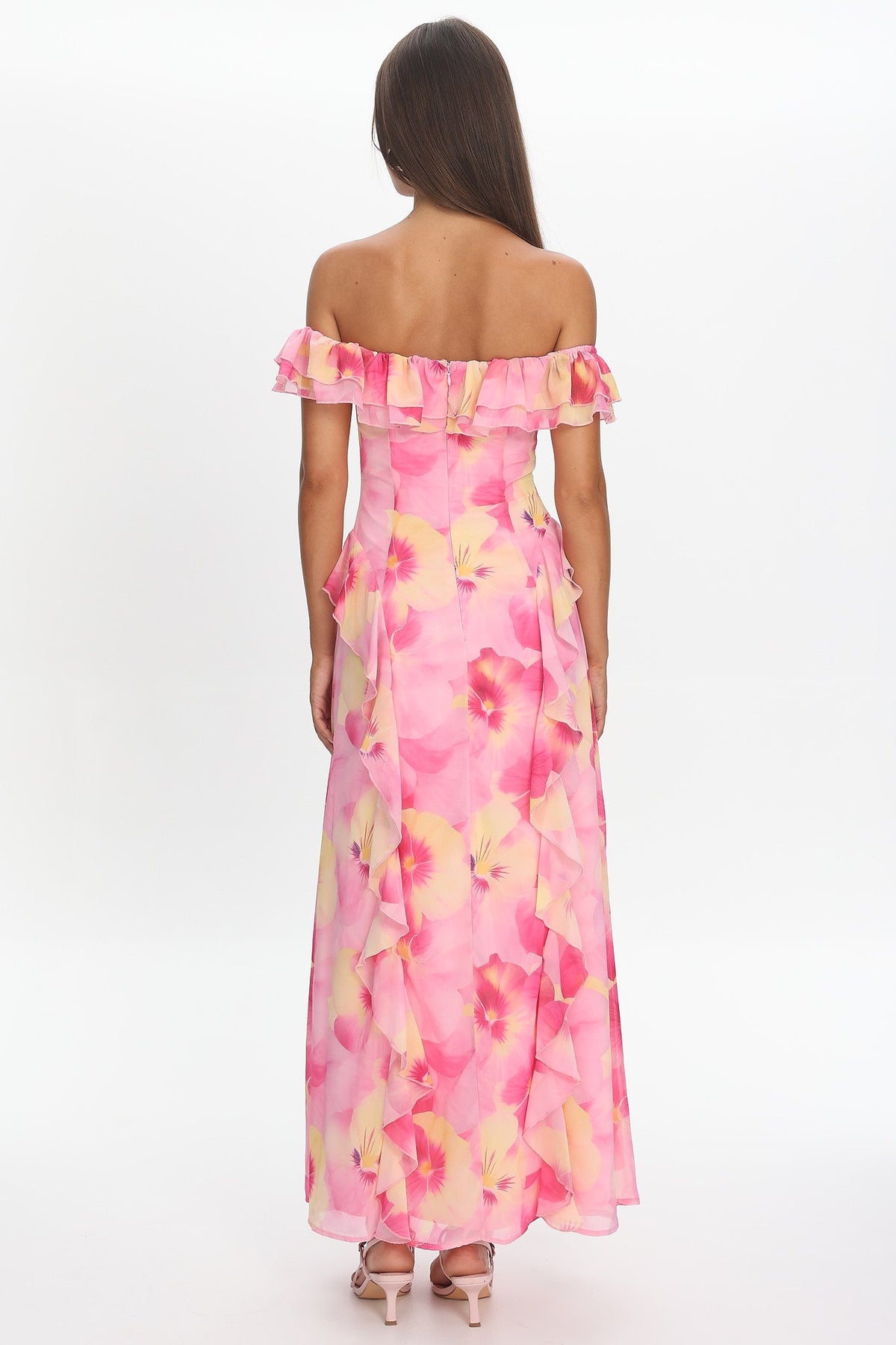 Scarlet Off-Shoulder Ruffle Trim Maxi Dress Print Pink