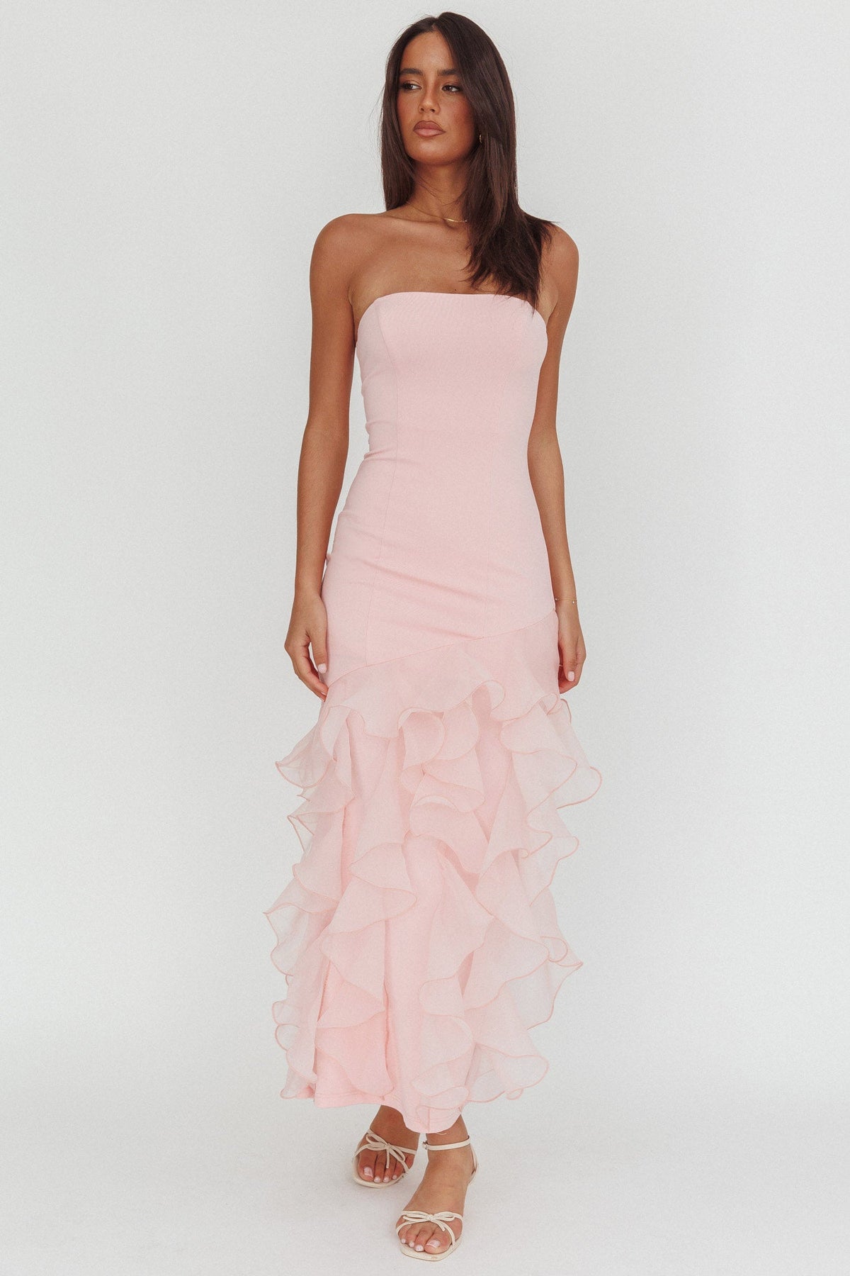 Kioto Strapless Organza Trim Maxi Dress Blush