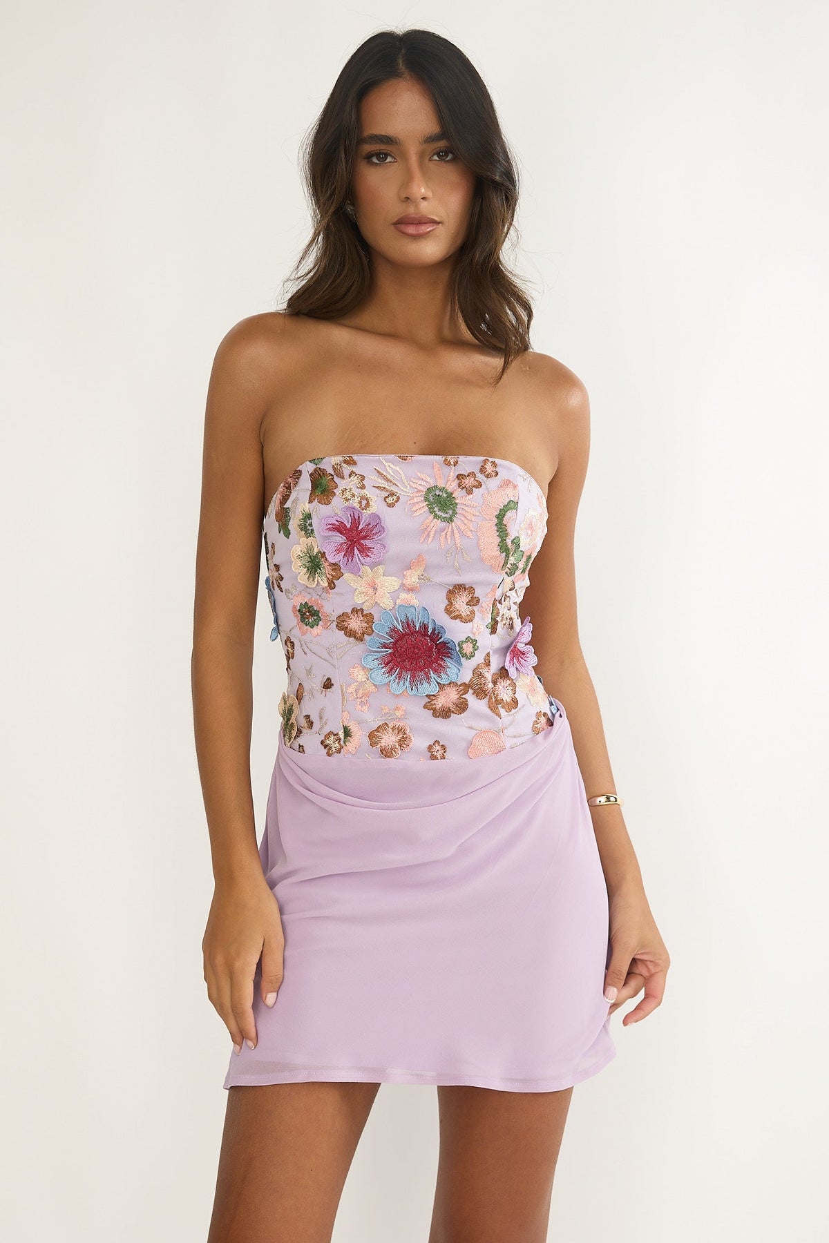 Ulyssia Strapless Floral Embellished Mini Dress Purple