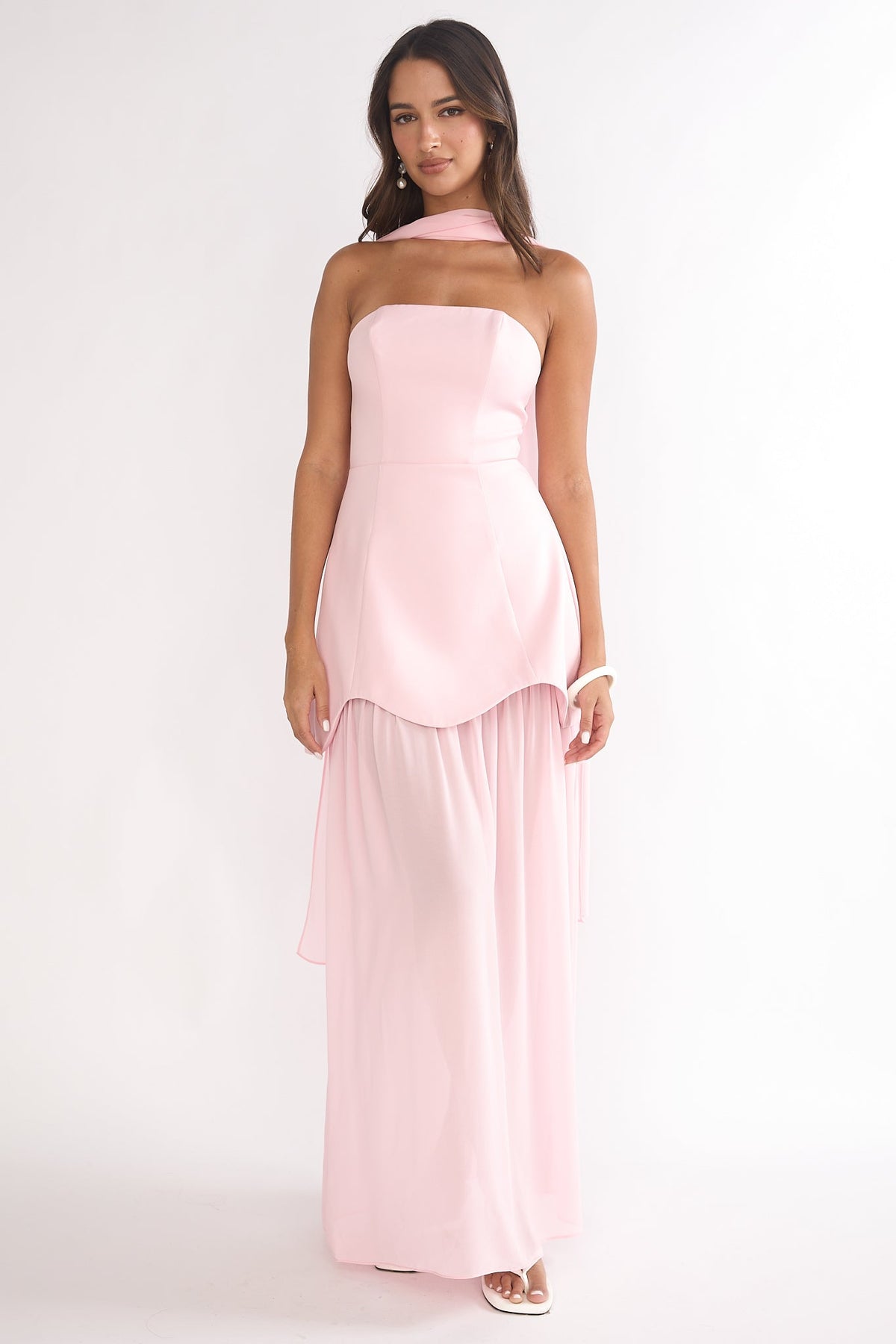 Poema Scalloped Sheer Hem Maxi Dress Pink