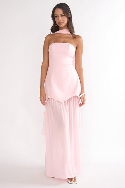 Poema Scalloped Sheer Hem Maxi Dress Pink