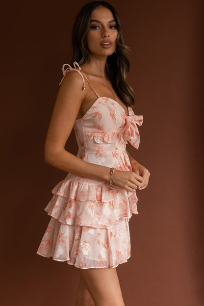 Flower Child Bust Tie Ruffle Trim Dress Floral Peach