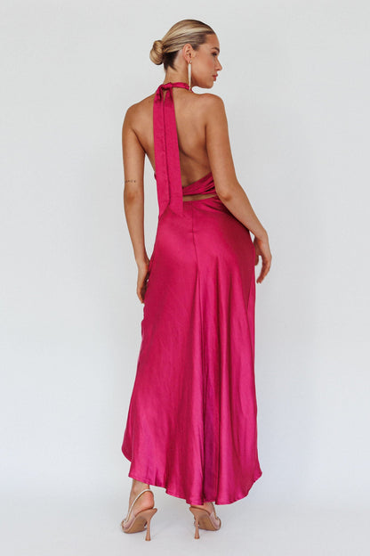 Sonoma Halterneck Faux Wrap Twist Back Maxi Dress Fuchsia