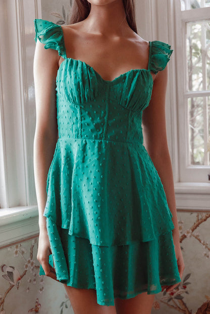 Theory Sweetheart Neckline Frill Strap Mini Dress Textured Green