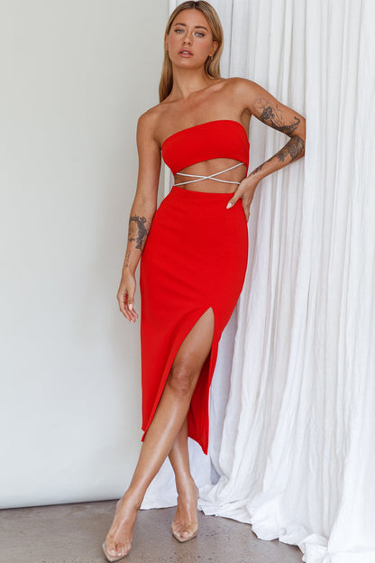 Nohemi Strapless Diamante Midi Dress Red