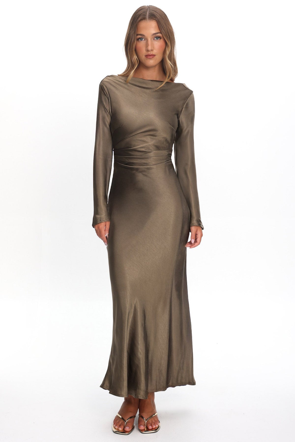 Loveland Cowl Back Midi Dress Olive