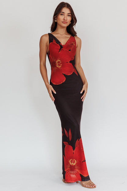 Cassiopeia Open Back Maxi Dress Hibiscus Black