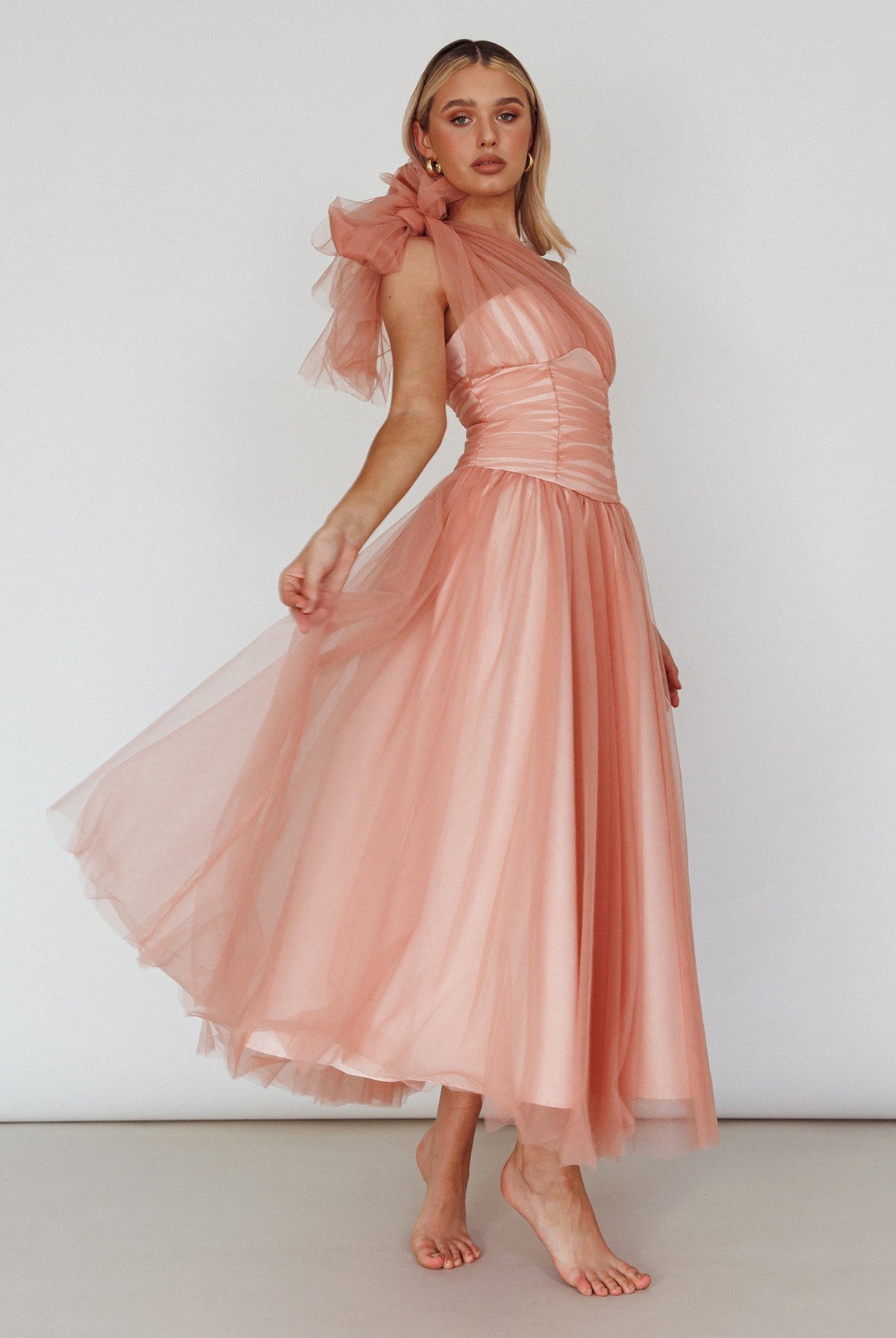 Let's Elope Bow Shoulder Midi Dress Lipstick