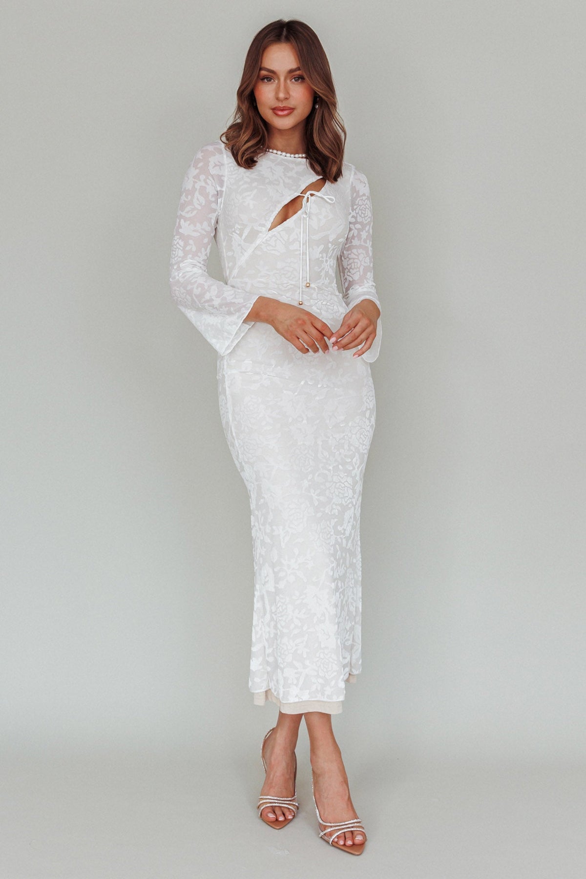 Novalie Long Sleeve Velvet Print Midi Dress White