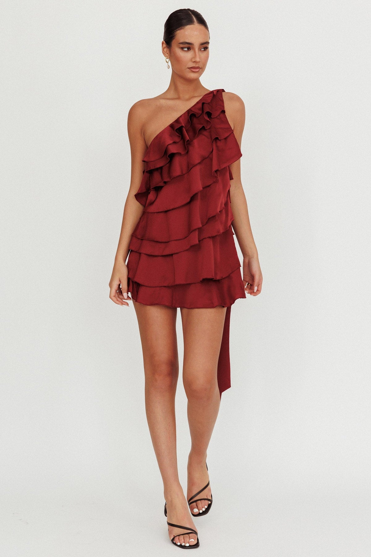 Arrabel Tiered Ruffle One Shoulder Mini Dress Wine