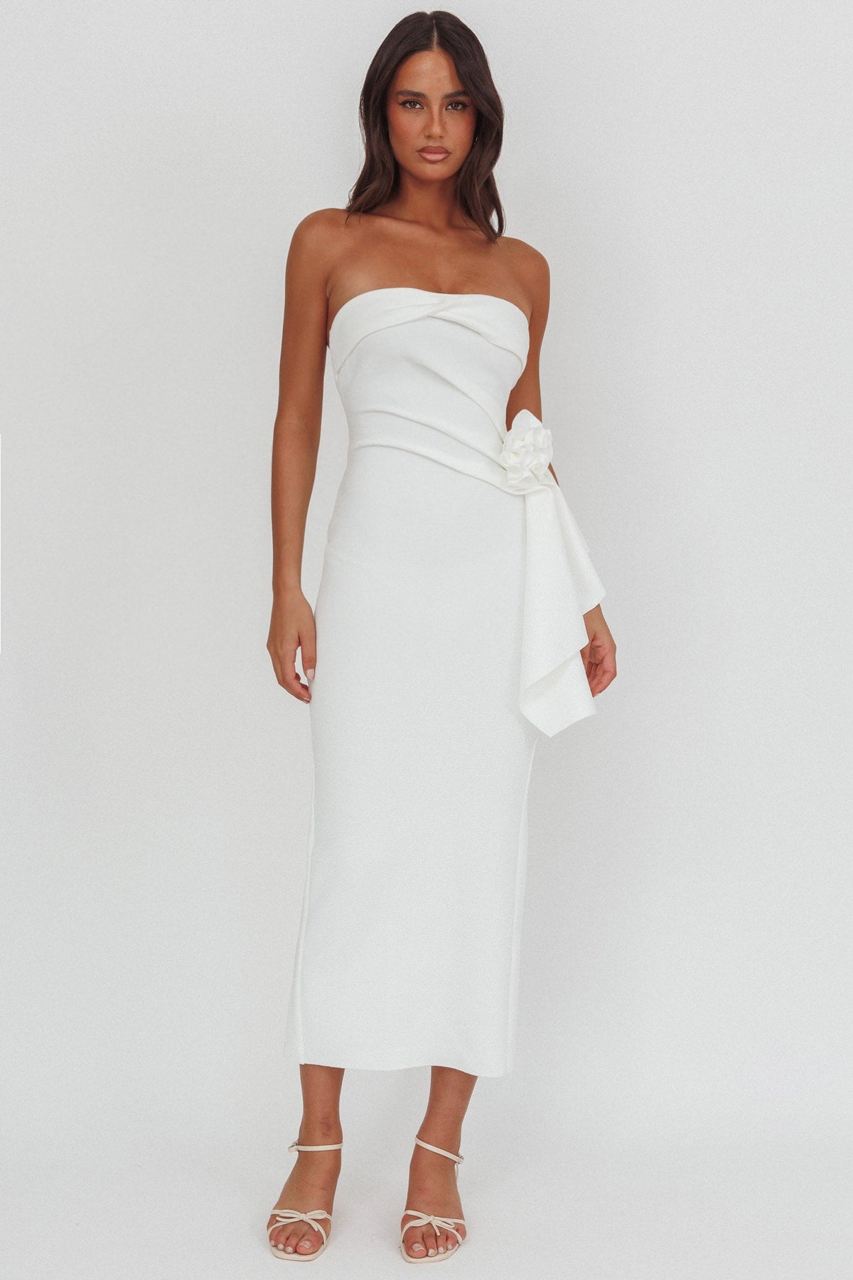 Sasha Cascade Ruffle Rosette Midi Dress White