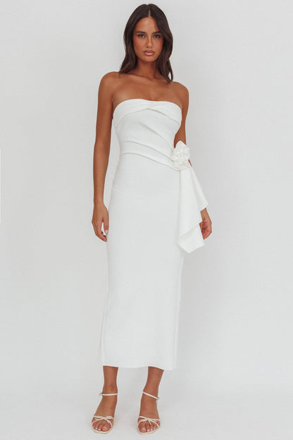 Sasha Cascade Ruffle Rosette Midi Dress White