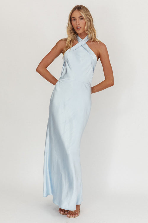 Italia Azure Crossover Halterneck Maxi Dress Ice Blue