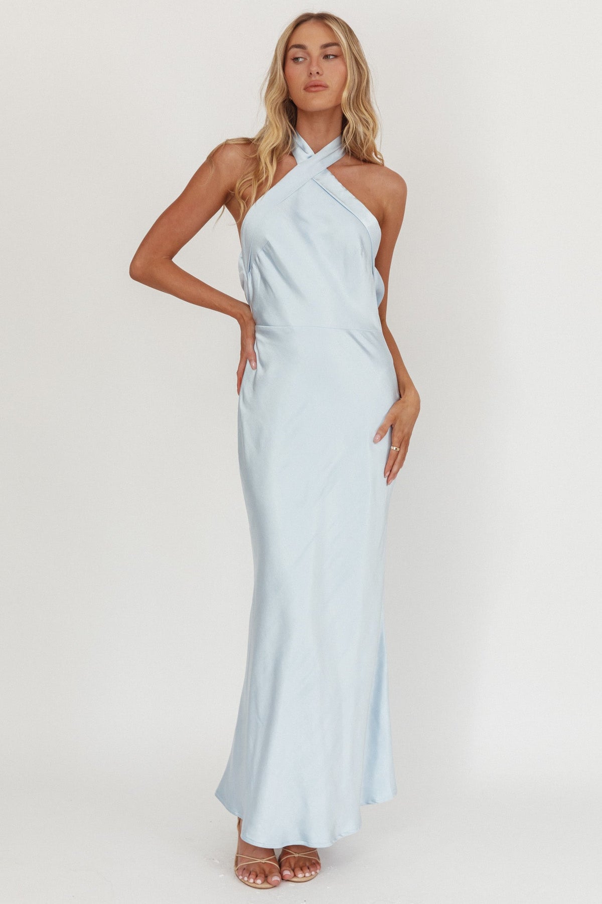 Italia Azure Crossover Halterneck Maxi Dress Ice Blue