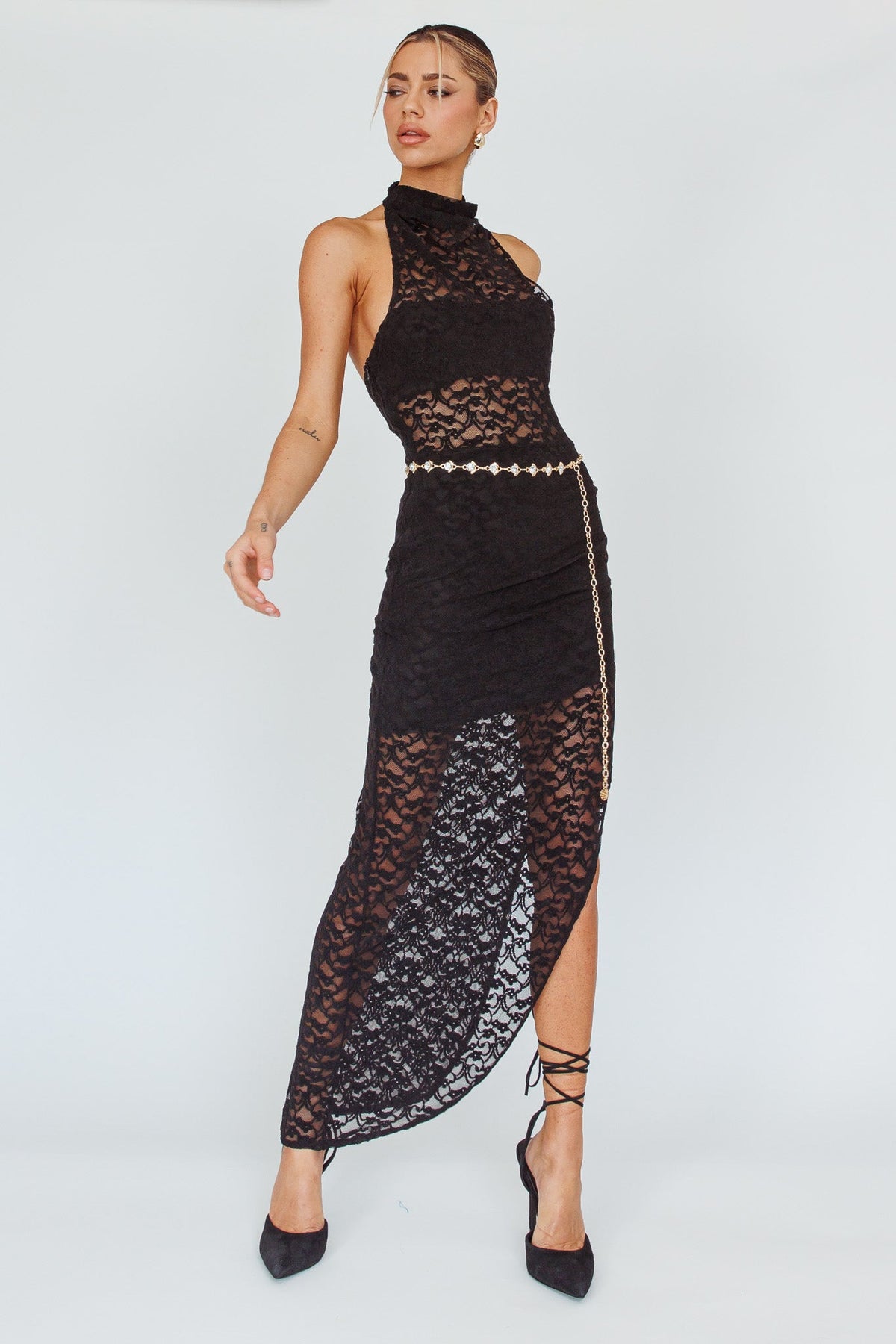 Tokyo Dreams Lace Halter Maxi Dress Black