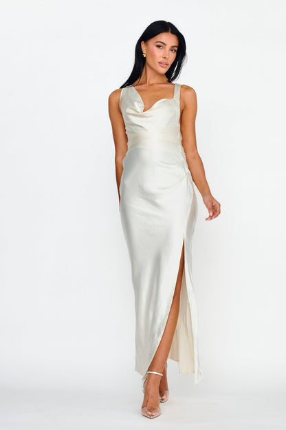 Midnight Sun Asymmetrical Strap Maxi Dress Oyster