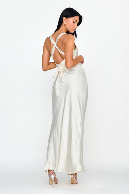 Midnight Sun Asymmetrical Strap Maxi Dress Oyster