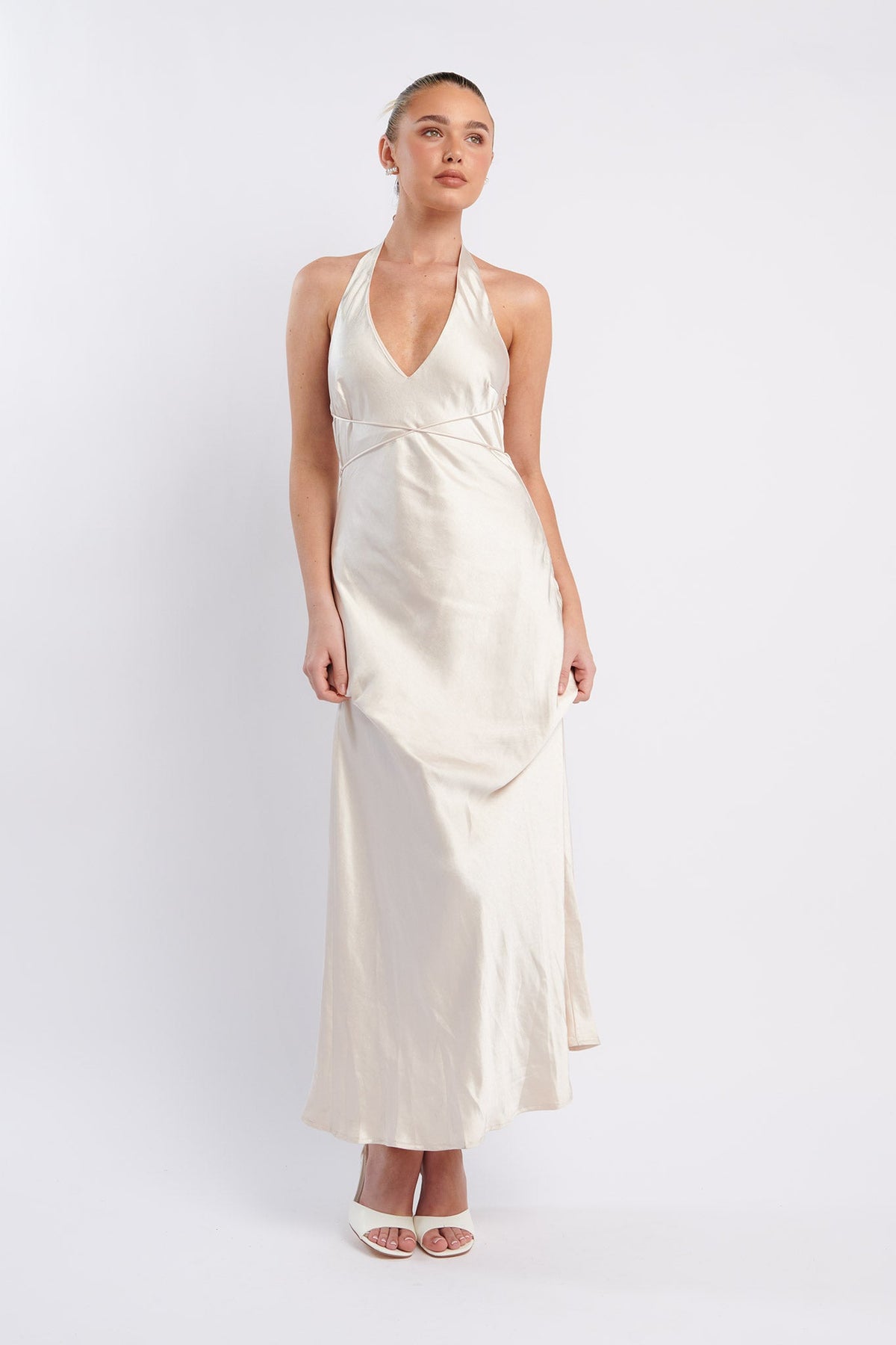 Alenni Halterneck V-Neck Midi Dress Champagne